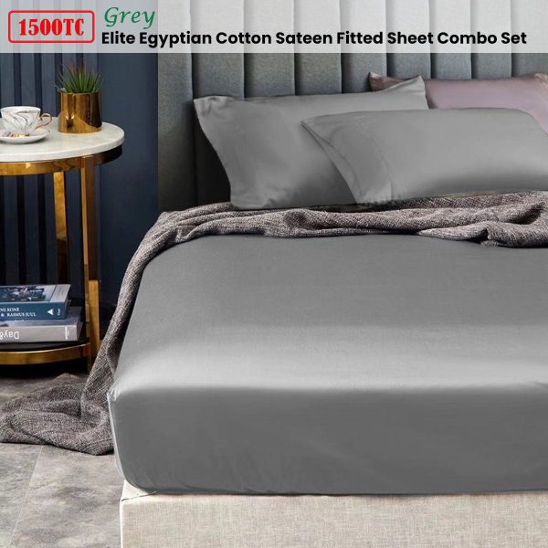 Ramesses 1500TC Elite Egyptian Cotton Sateen Fitted Sheet Combo Set Grey Mega Queen Sale