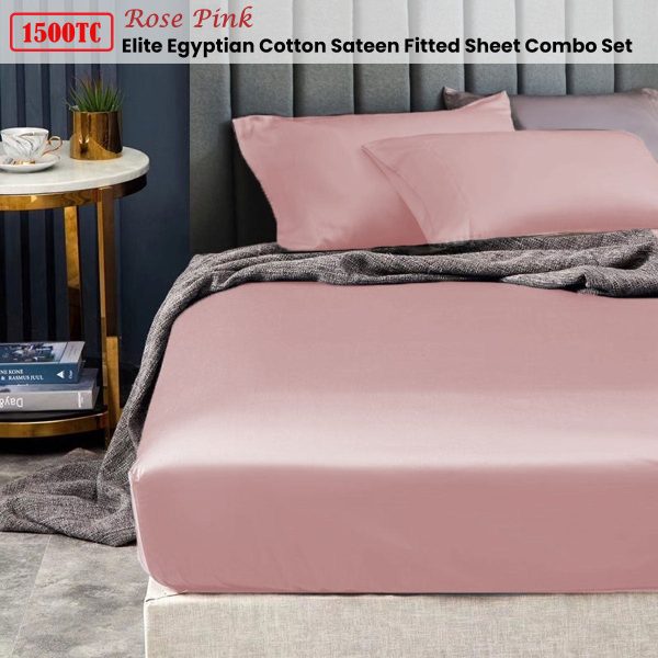 Ramesses 1500TC Elite Egyptian Cotton Sateen Fitted Sheet Combo Set Rose Pink Queen Online Sale