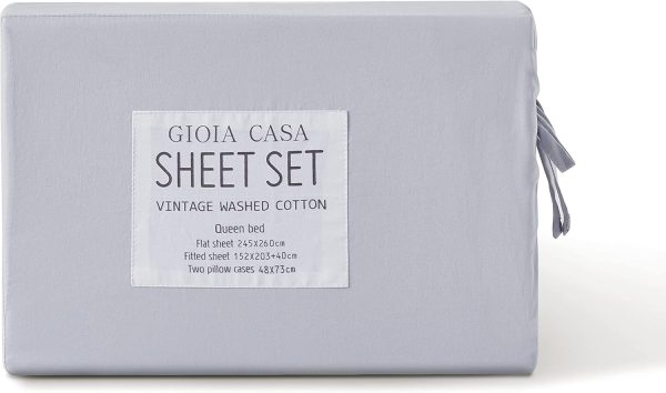 Vintage Washed 100% Cotton Sheet Set with 2 Pillowcases - Silver - Queen Size on Sale