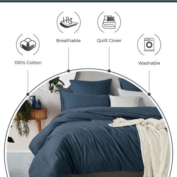 100% (2Pcs) Cotton Vintage Washed Bed Quilt Cover Set - Dark Indigo - Single on Sale