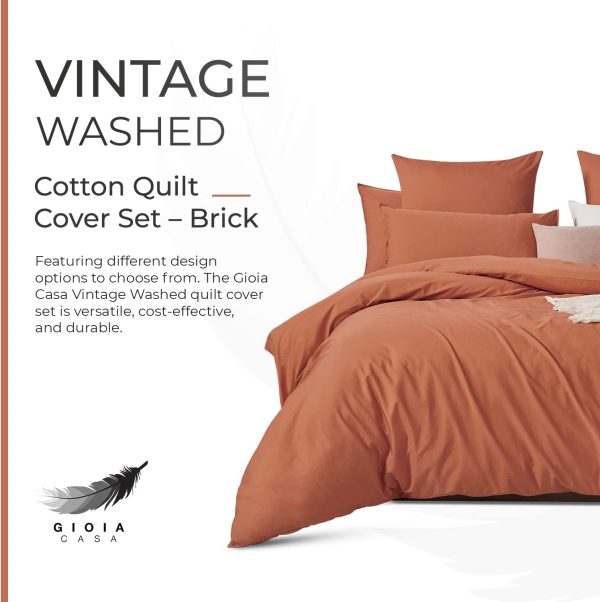 100% Cotton Vintage Washed Bed Quilt Cover Set (3Pcs) - Brick - Double Size Sale