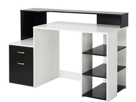 Easycomfort Scrivania per Ufficio con Ripiano Stampante, 2 Cassetti e 3 Mensole, in MDF Bianco e Nero, 137 x 55 x 92cm Online Sale