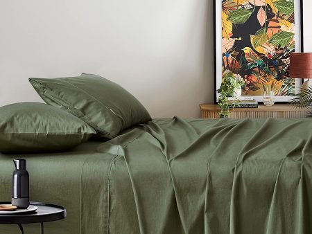 Vintage Washed 100% Cotton Sheet Set with 2 Pillowcases - Khaki Green - King Size For Sale