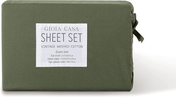 Vintage Washed 100% Cotton Sheet Set with 2 Pillowcases - Khaki Green - Double Online