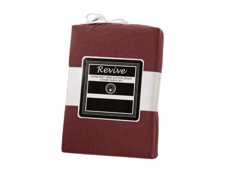 Revive Mahogany Red 100% Cotton Jersey Super Soft Fitted Sheet Combo Set King Single 35cm Wall Discount