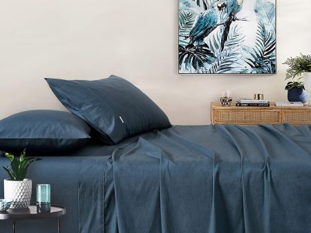 Vintage Washed 100% Cotton Sheet Set with 1 Pillowcases - Dark Indigo -Single For Sale